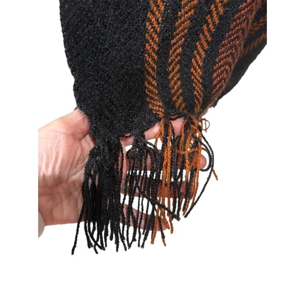 Unbranded Womens Shawl Wrap Scarf Black Rust Herringbone Stripe Fringe - Picture 3 of 7